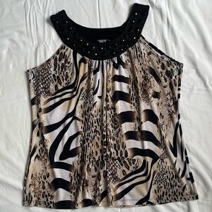 Laura Plus Animal Print Sleeveless Top 🐾 Black Embellished Neck Line.